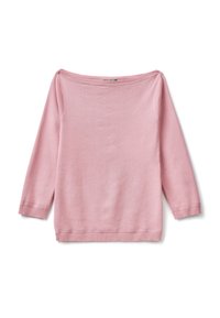 Light pink off-the-shoulder sweater with long sleeves, ribbed cuffs, and a smooth texture. Simple design with no additional patterns or accents.