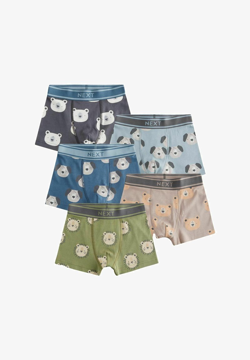 Vijf paar jongensboxershorts met dierengezichtprints in verschillende kleuren, elk met een merk "NEXT" tailleband.