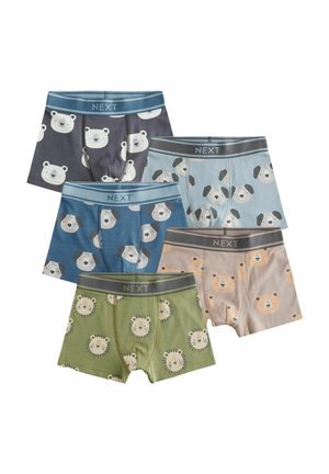 Fem par pojkars kalsonger med djurmönster: panda, hund, lejon och björn på bomullstyg, med elastiska NEXT midjeband.