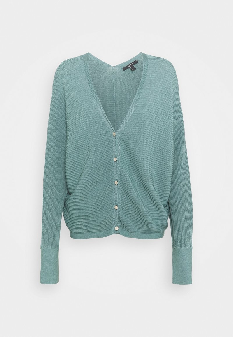 Cardigan tricoté côtelé bleu sarcelle clair avec un col en V profond, manches longues, et cinq boutons sur le devant, présenté sur un fond blanc.