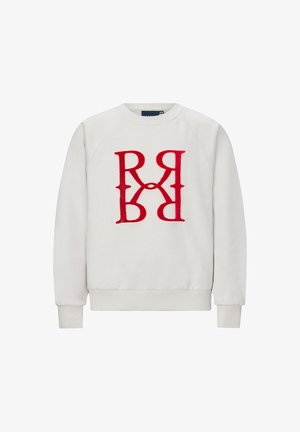 Felpa bianca realizzata in morbido tessuto con un grande logo ricamato rosso sul davanti, con polsini e orlo a coste.