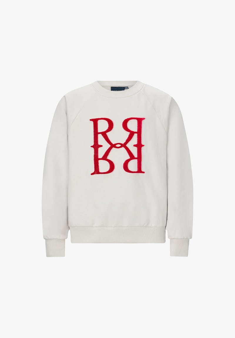 Felpa bianca realizzata in morbido tessuto con un grande logo ricamato rosso sul davanti, con polsini e orlo a coste.