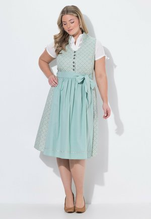 Donna in un vestito azzurro chiaro con fantasia e un grembiule abbinato annodato in vita, camicetta bianca a maniche corte e tacchi marroni in piedi davanti a uno sfondo bianco.