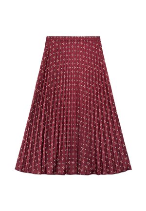 Jupe plissée bordeaux avec petits motifs floraux géométriques en blanc et noir, dotée d'une ceinture ajustée et d'une silhouette en A.
