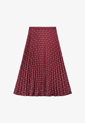 Jupe plissée bordeaux avec petits motifs floraux géométriques en blanc et noir, dotée d'une ceinture ajustée et d'une silhouette en A.
