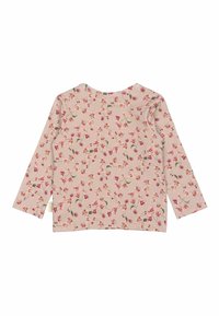 Pikad varrukad shirt heledast roosast kangast, millel on erinevate lilledega lilleline muster, ümmargune kaelus ja silt külgmise õmbluse peal.