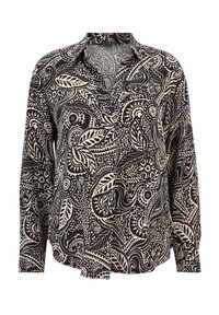 Zwarte en crèmekleurige blouse met lange mouwen, voorzien van een paisley- en bladerenpatroon, kraagontwerp, knoopsluiting aan de voorkant en een relaxte fit.
