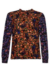 Langermige blouse met een zwarte achtergrond, voorzien van een kleurrijk paisley- en bloemenpatroon in oranje, groen en blauw. Ronde halslijn en elastische mouwen.