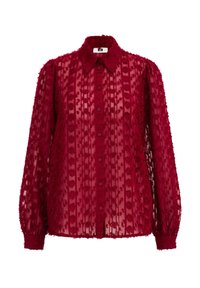 Durchsichtige dunkelrote Bluse mit kragenförmigem Ausschnitt, vorderen Knöpfen und strukturiertem Blumendesign. Lange Ärmel mit gerafften Manschetten.