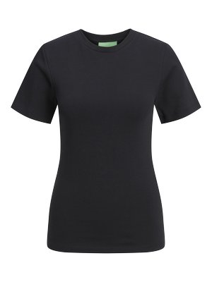 Schwarzes T-Shirt mit kurzen Ärmeln und Rundhalsausschnitt, aus glattem Baumwollstoff gefertigt, mit einem schmalen Schnitt und ohne sichtbare Muster oder Akzente.