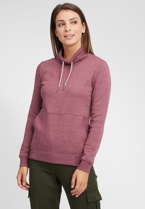 Sweat à capuche bordeaux avec un col montant et des cordons de serrage réglables, doté d'une poche avant et de poignets et d'un ourlet côtelés. Texture douce.