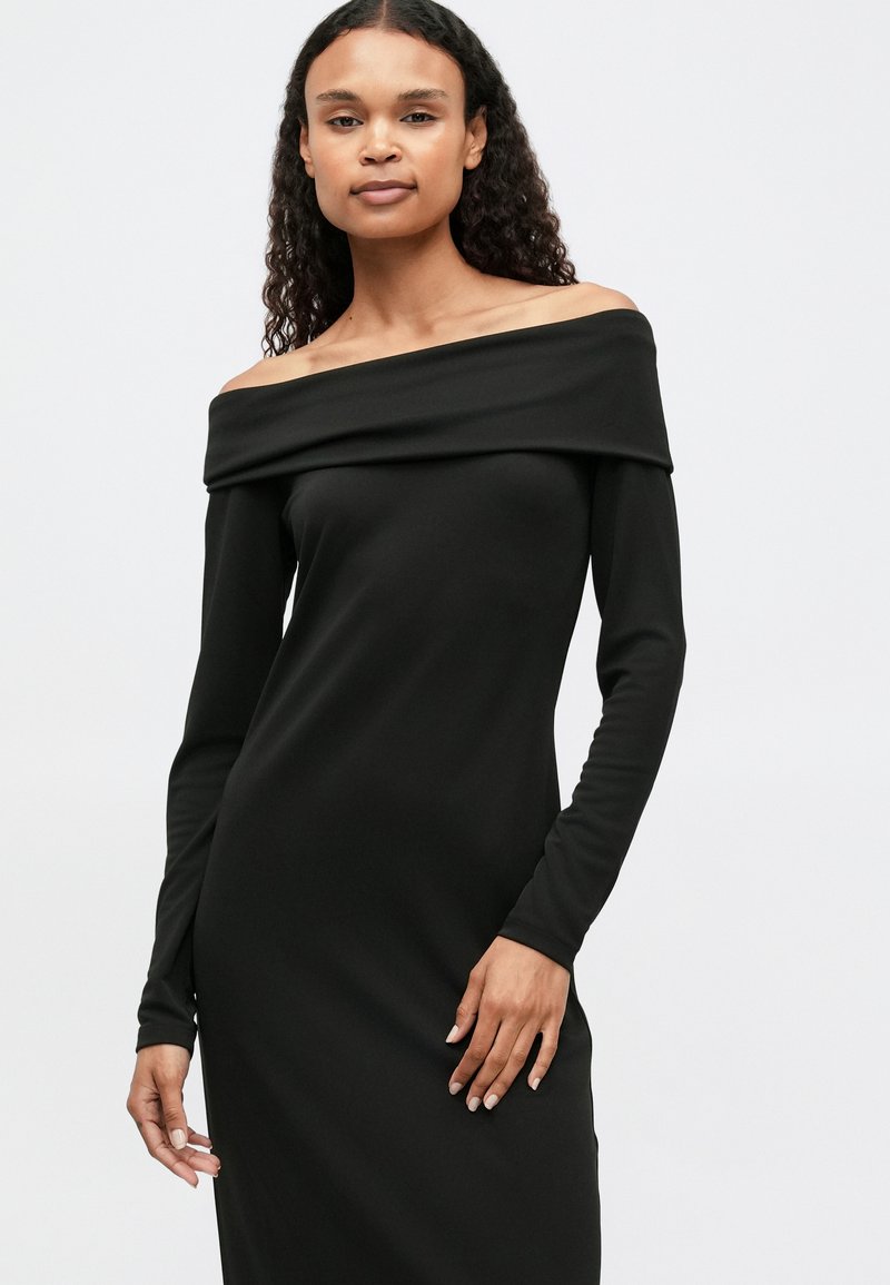 calvin klein black off the shoulder dress Black Crepe Callahan Shirt Dress