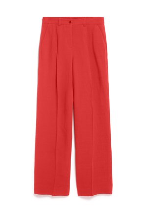 Rote Leinen-Hosen mit weitem Bein, Knopfverschluss und vorderen Falten, ausgestattet mit zwei seitlichen Taschen und einer glatten, leichten Textur.