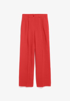Rote Leinen-Hosen mit weitem Bein, Knopfverschluss und vorderen Falten, ausgestattet mit zwei seitlichen Taschen und einer glatten, leichten Textur.