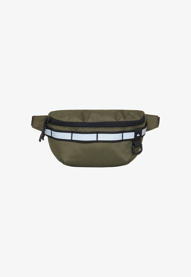 Olivově zelená ledvinka vyrobená z odolného materiálu, s černým zipem, reflexním světlemodrým pruhem a bočním upevněním na klíče.