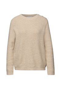 Pull beige tricoté à manches longues avec col rond et trois boutons sur l'épaule gauche, présentant un motif texturé.