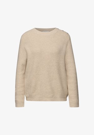 Beige neulottu pitkähihaisen villapaita, jossa pyöreä pääntie ja kolme nappia vasemmalla olkapäällä, teksturoitua kuviota mukaillen.