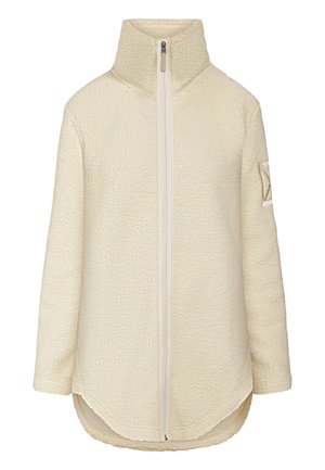 Cremefarbene Fleecejacke mit hohem Kragen, durchgehendem Reißverschluss und gerippter Textur. Verfügt über ein Seitennaht-Logo am linken Arm.