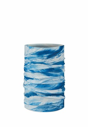 Blue and white tubular neck gaiter with wave pattern and small Buff logo, designed for outdoor and sports use.