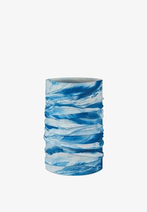 Blue and white tubular neck gaiter with wave pattern and small Buff logo, designed for outdoor and sports use.