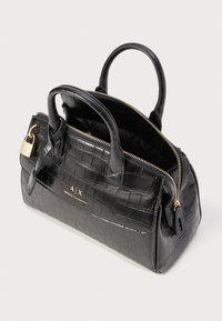 Black faux leather handbag with crocodile texture, zip closure, dual handles, and gold-tone hardware featuring the brand logo.