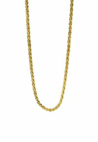 Goldfarbener Halsreifen mit gedrehter Gestaltung und strukturierten, runden Gliedern, die auf einem weißen Hintergrund einen dezenten Glanz erzeugen.