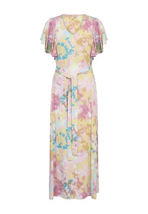 Květinové maxi šaty s výstřihem do V a volánkovými rukávy. Vzor zahrnuje růžové, žluté a modré odstíny. Obsahuje odpovídající pásek v pase.