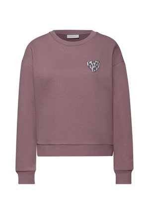 Mauve langærmet sweatshirt med rund hals og ribstrikkede manchetter og kant, med et lille hjerteformet leopardprintlogo på venstre bryst.