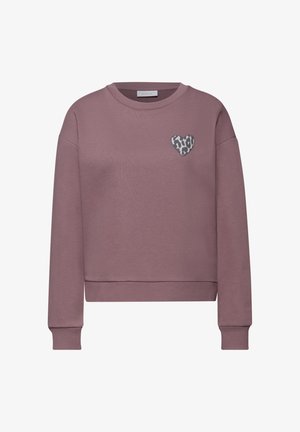 Lila sweatshirts met lange mouwen en ronde hals, voorzien van geribbelde boorden en zoom, met een klein hartje van panterprint op de linkerborst.