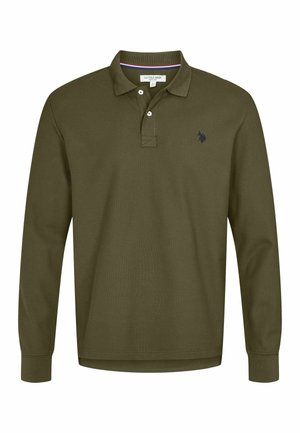 Olivově zelená polo trikotu s dlouhým rukávem vyrobená z bavlny, s dvouknoflíkovou légou, žebrovaným límcem a malým vyšitým logem na hrudi.