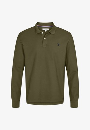 Olivově zelená polo trikotu s dlouhým rukávem vyrobená z bavlny, s dvouknoflíkovou légou, žebrovaným límcem a malým vyšitým logem na hrudi.