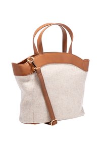 Borsa tote beige con una base in tessuto testurizzato e dettagli in pelle marrone. Presenta manici doppi e una tracolla removibile. Finiture in oro.