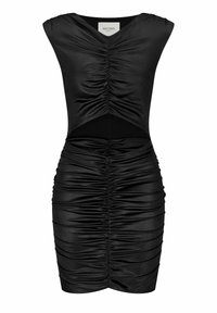 Zwarte aansluitende jurk van strak, rekbaar materiaal, met geplooide details, brede schouderbanden en een uitgesneden middenstuk voor een extra design.