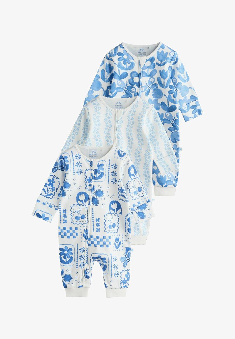 Tre tutine per neonati blu e bianche con vari motivi floreali e geometrici, tutte con maniche lunghe e cerniere frontali.
