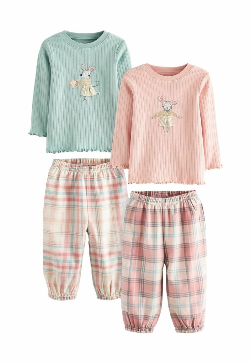 Zwei Sätze Kinderpyjamas: ein hellgrünes, geripptes Oberteil mit einem Mausdesign und ein pinkes, geripptes Oberteil; karierte Hosen in Pastellfarben mit elastischem Bund.