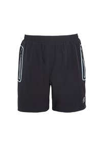 Czarne spodenki sportowe wykonane z lekkiego materiału. Posiadają dwie boczne kieszenie z niebieskimi akcentami oraz elastyczny pas dla wygody.
