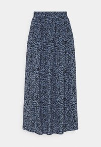 Rocks mit blauem Leopardenmuster, elastischem Bund, fließendem Stoff, knielanger Länge und plissiertem Design. Sichtbare schwarze Flecken.