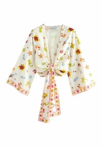 Cremefarvet kimono-stil omslag med levende musling, fisk og plante mønstre. Har brede ærmer og en båndlukning i taljen.