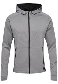 Grijze zip-up hoodie met een zwarte binnenkant, voorzien van twee zijzakken, een borstzak en verstelbare trekkoorden op de capuchon.