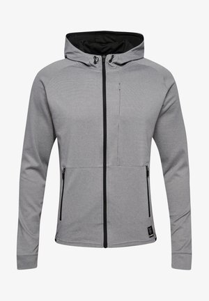 Grijze zip-up hoodie met een zwarte binnenkant, voorzien van twee zijzakken, een borstzak en verstelbare trekkoorden op de capuchon.