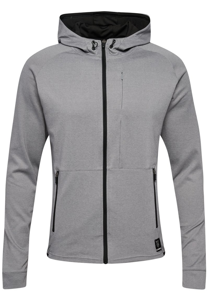 Grijze zip-up hoodie met een zwarte binnenkant, voorzien van twee zijzakken, een borstzak en verstelbare trekkoorden op de capuchon.
