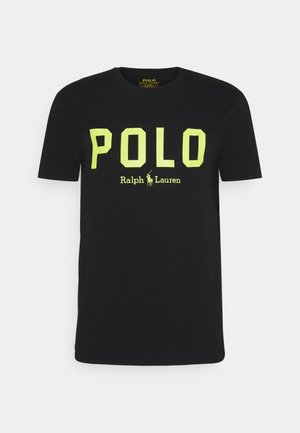 Black short-sleeve t-shirt with large yellow "POLO" text and smaller Ralph Lauren logo in yellow centered on the front.