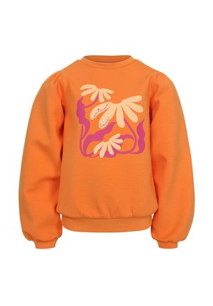 Oranje sweatshirt met lange, opgeblazen mouwen en een ronde halslijn. Bevat een bloemenontwerp in crème en roze, met handgeschreven tekst.