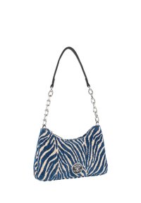 Blå og beige zebra-stribet håndtaske med sort læder og sølvfarvet kædesløjfe, der har et rundt metallogo på fronten.