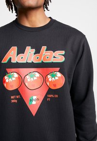 Black sweatshirt with red triangle, three tomatoes, and large "Adidas" text above, worn by person with dark skin and dreadlocks.