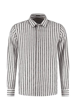 Long-sleeve button-up shirt with vertical black and white stripes and a classic pointed collar.