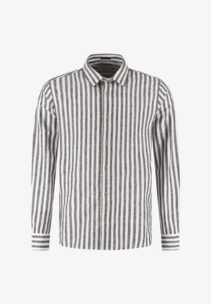 Hosszú ujjú ing, fekete-fehér függőleges csíkokkal és klasszikus hegyes gallérral.