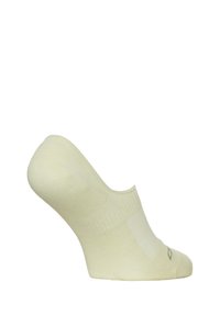 Lichtgele enkelkous met een gestructureerd ontwerp, een gladde teenpartij en een geribbelde bovenrand. Rekbaar materiaal verbetert de pasvorm en het comfort.