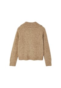 Beige knitted sweater with a scalloped collar, ribbed cuffs, and hem; soft texture with a slightly loose fit and relaxed design.