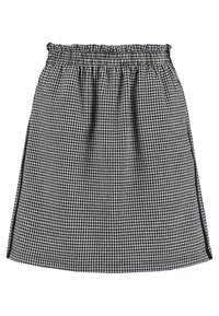 Falda a rayas houndstooth en blanco y negro con cintura elástica y franjas laterales negras, de longitud hasta la rodilla con detalle de tela fruncida.